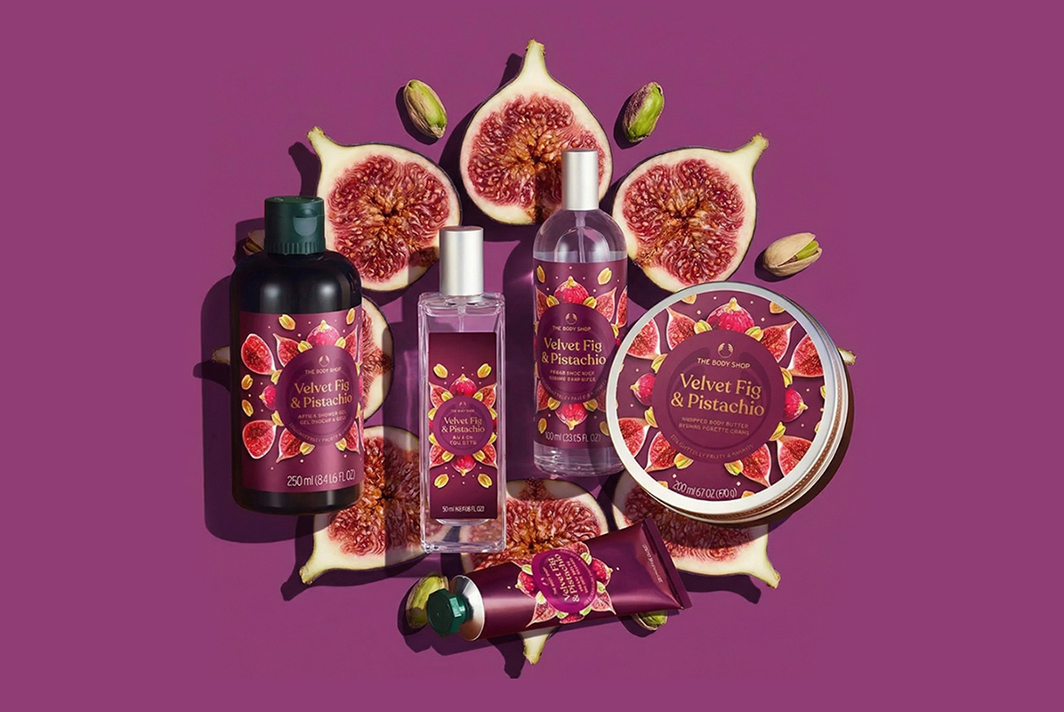 Produtos da linha corporal de velvet fig and pistachio